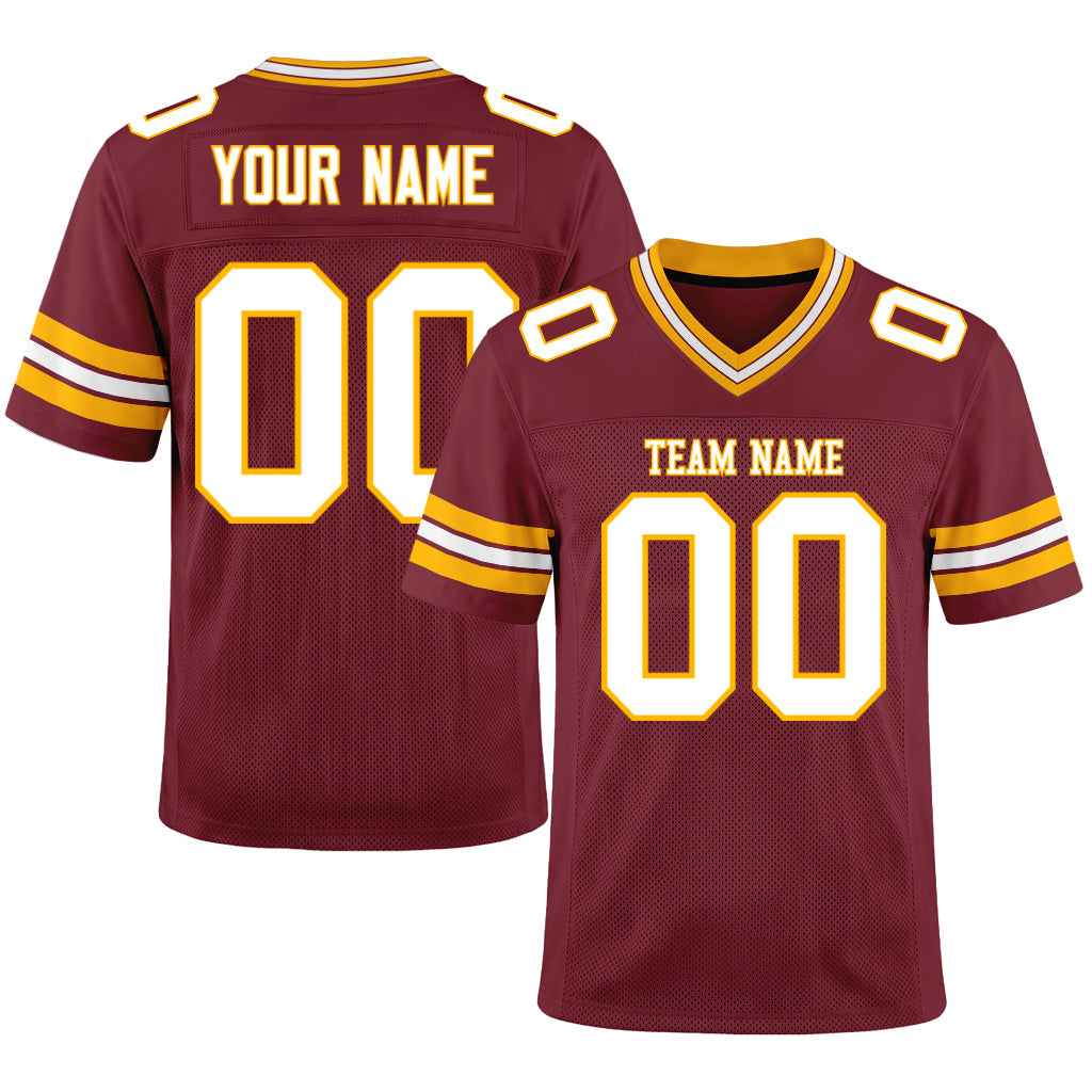 Custom Burgundy White-Gold Mesh Football Jersey