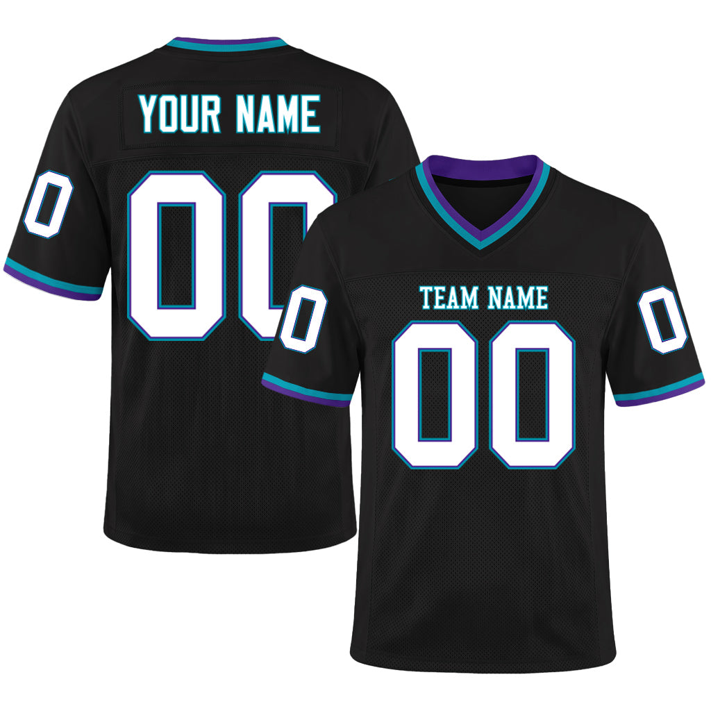 Custom Black Purple-Teal Mesh Football Jersey
