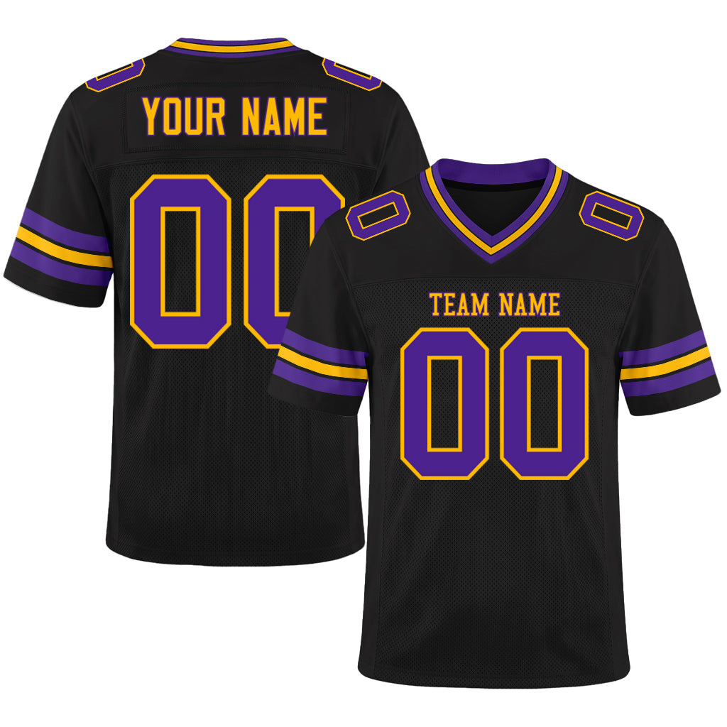Custom Black Purple-Gold Mesh Football Jersey