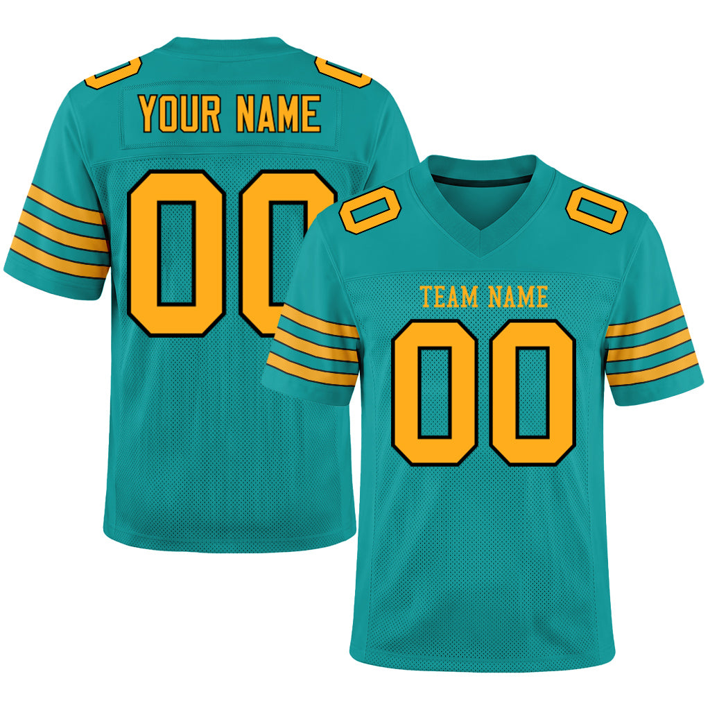Custom Aqua Gold-Black Mesh Football Jersey