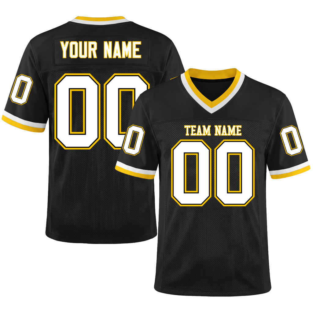 Custom Black White-Gold Mesh Throwback Mesh Football Jersey