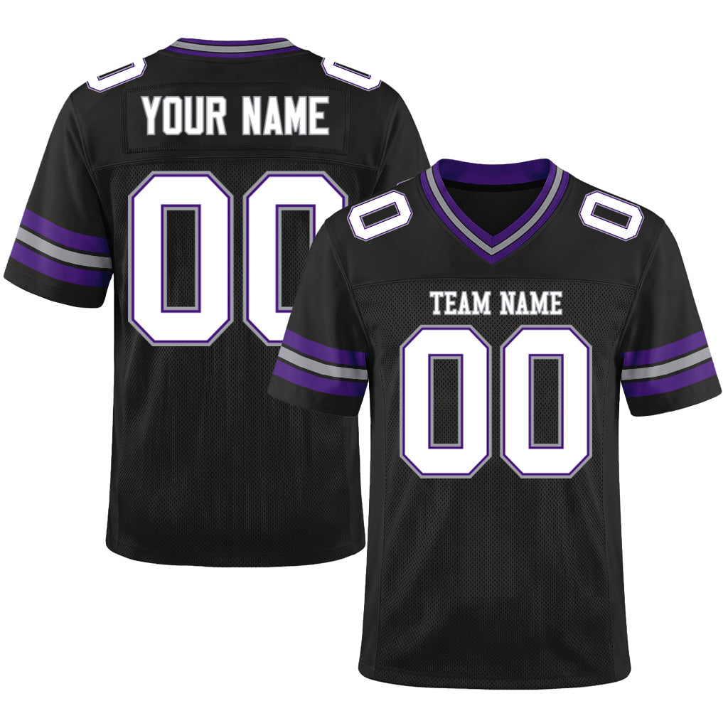 Custom Black White Purple-Gray Mesh Football Jersey