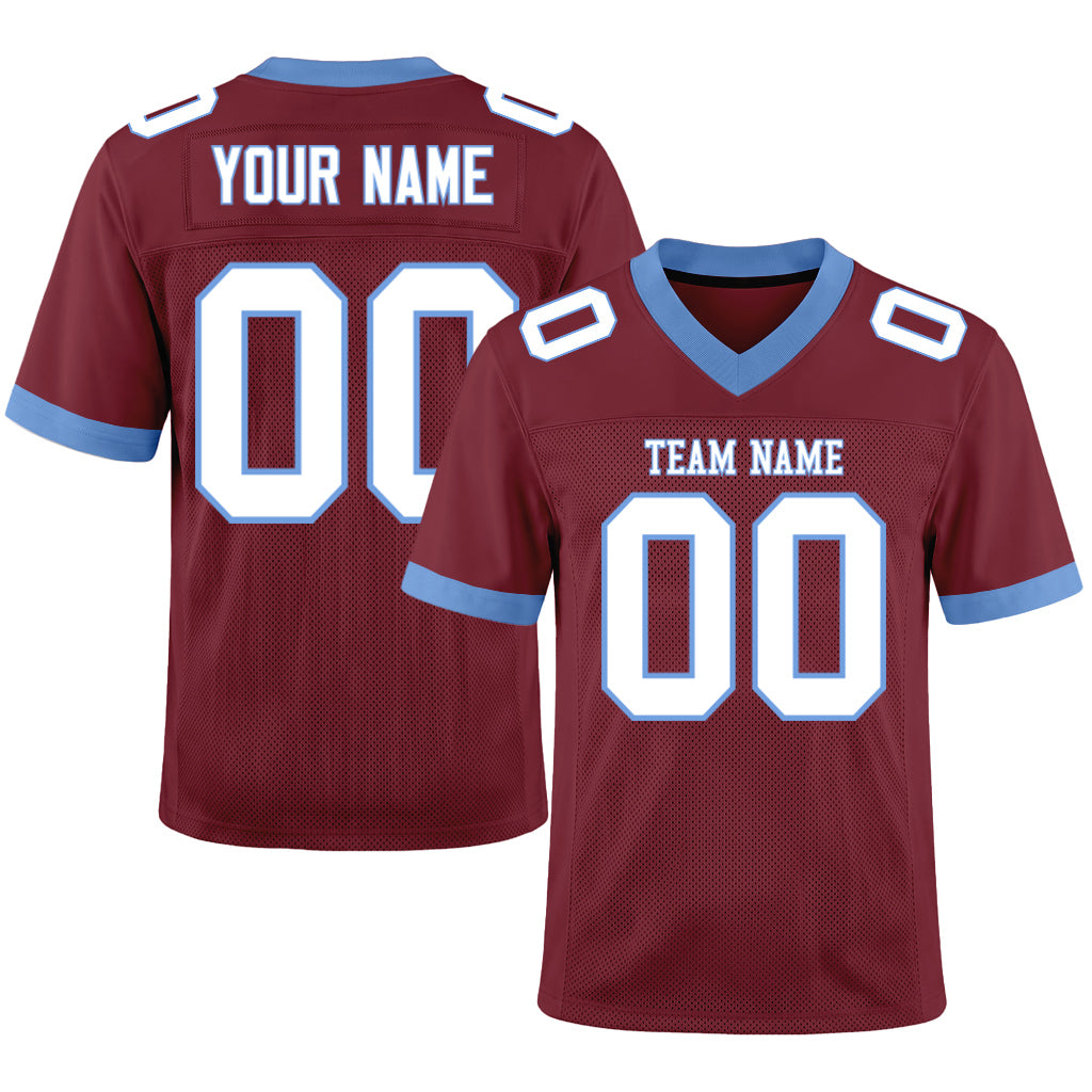 Custom Burgundy White-Electric Blue Mesh Football Jersey