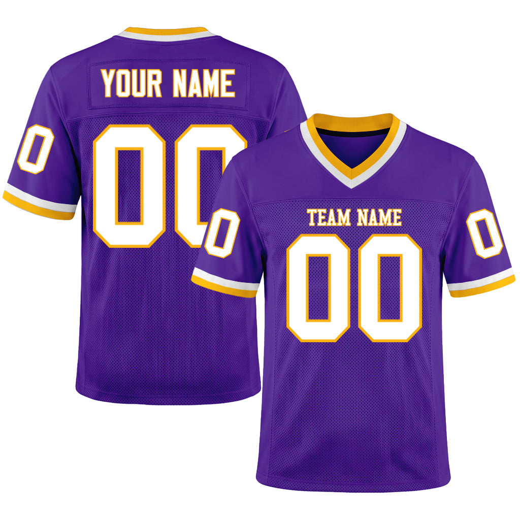 Custom Purple White-Gold Mesh Football Jersey