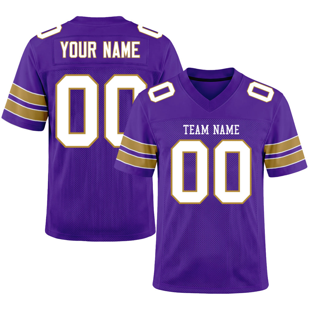 Custom Purple White-Old Gold Mesh Football Jersey