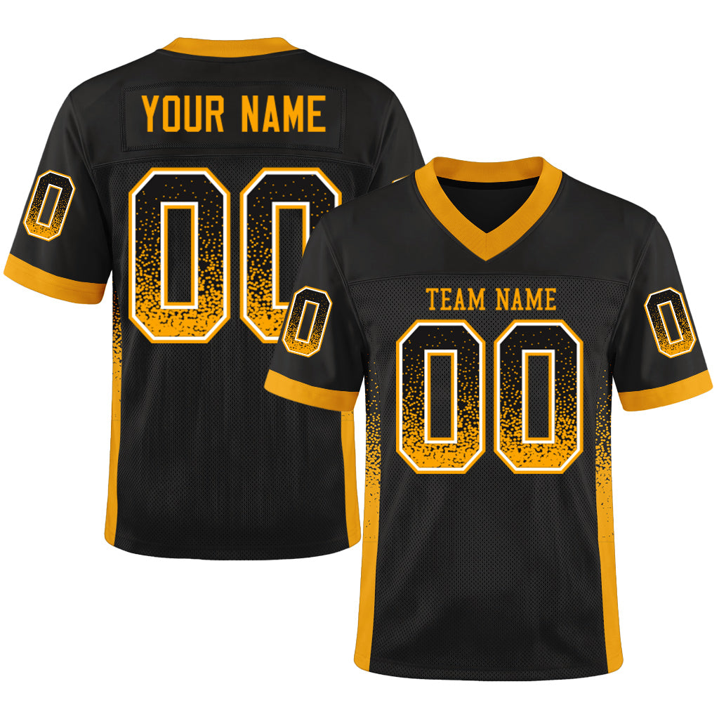 Custom Black Gold-White Drift Fashion Custom Name Mesh Football Jersey