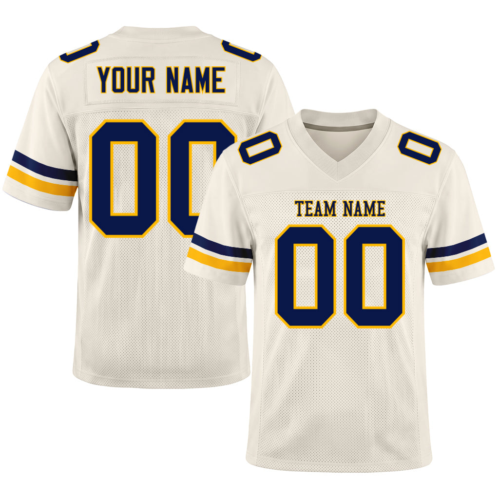 Custom Cream Navy-Gold Mesh Football Jersey