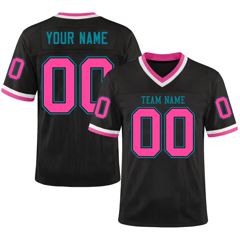 Custom Black Pink-Teal Mesh Throwback Mesh Football Jersey