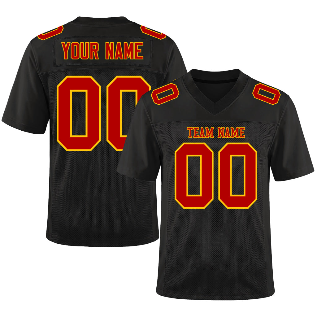 Custom Black Red-Gold Mesh Football Jersey