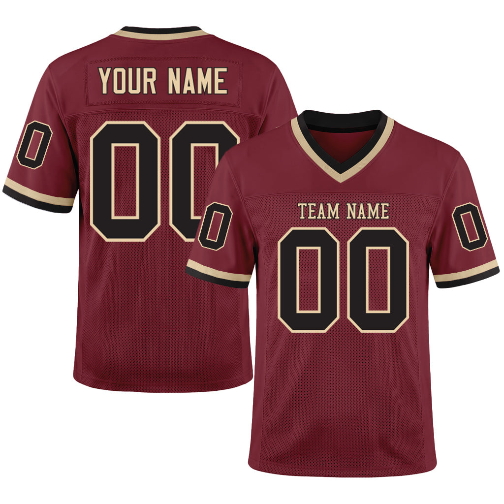 Custom Burgundy Black-Cream Mesh Football Jersey