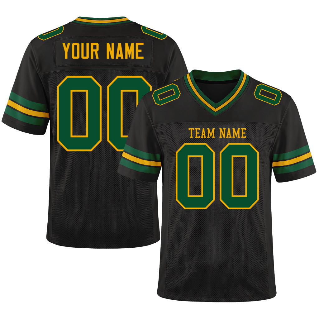 Custom Black Green-Gold Mesh Football Jersey