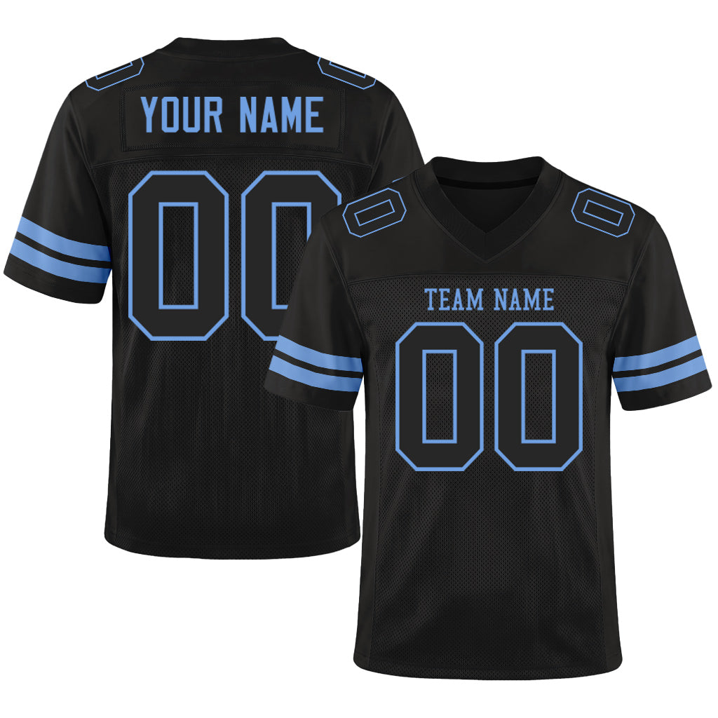 Custom Black Black-Light Blue Mesh Football Jersey