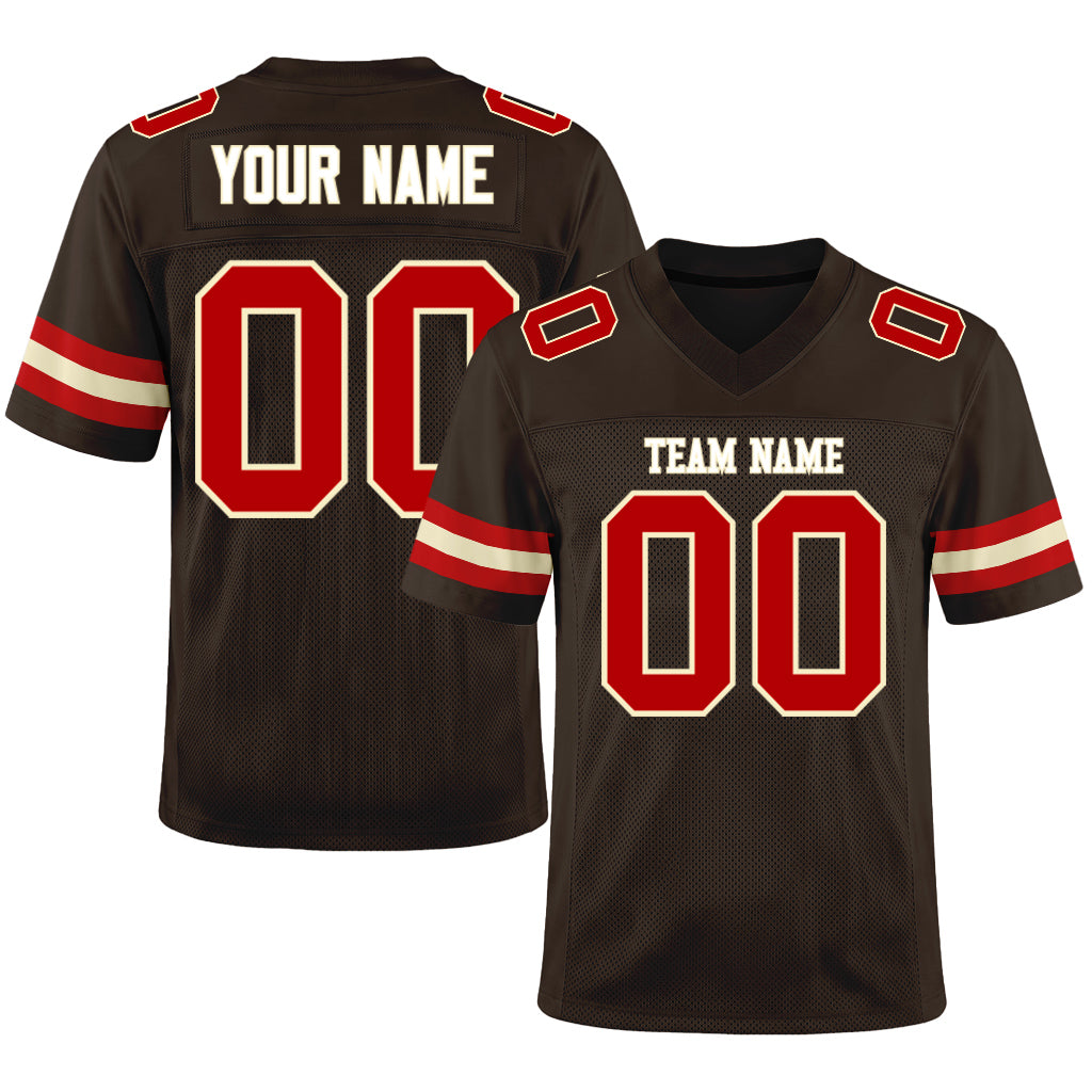 Custom Brown Red-Cream Mesh Football Jersey
