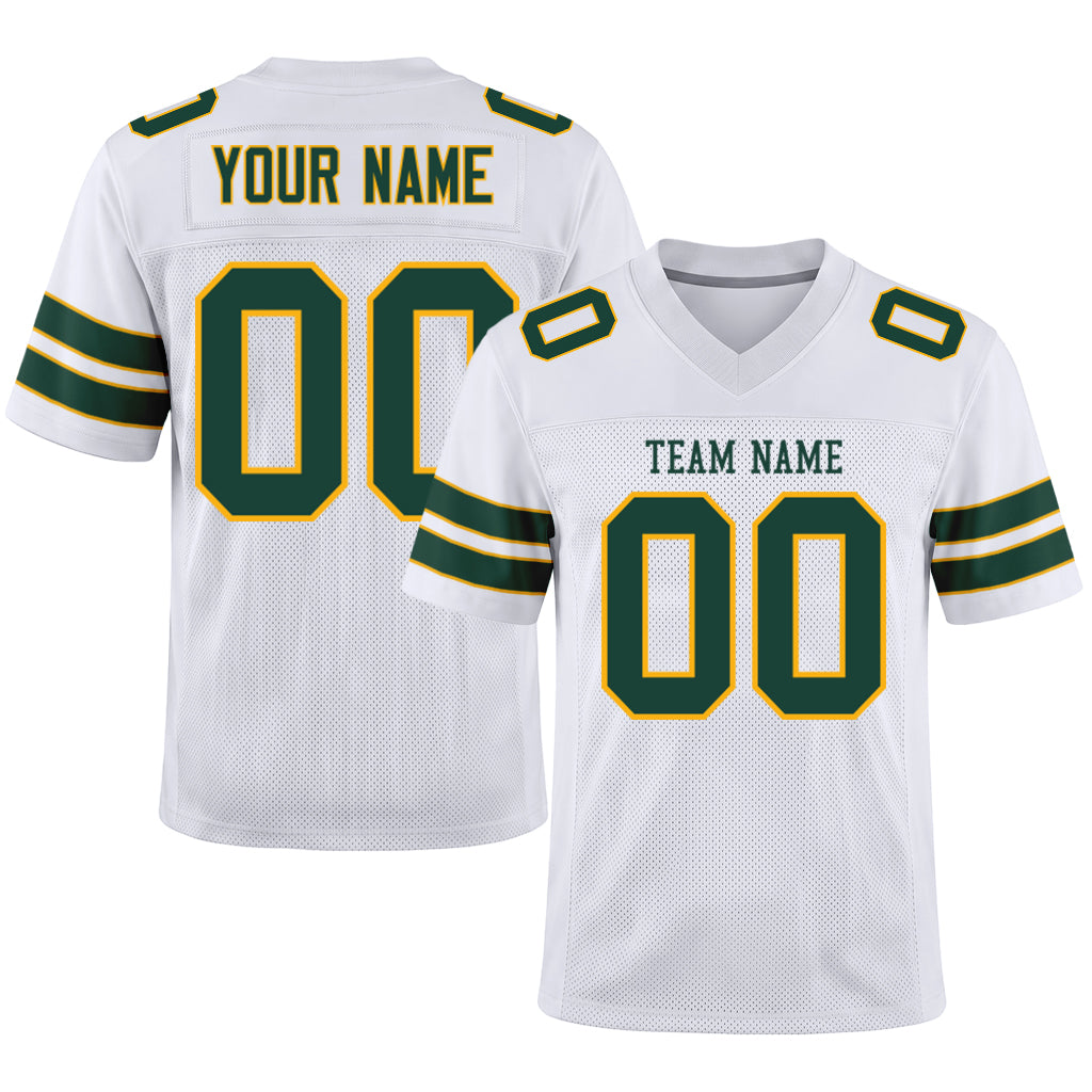 Custom White Green-Gold Mesh Football Jersey