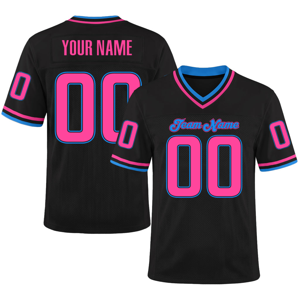 Custom Black Pink-Powder Blue Mesh Football Jersey