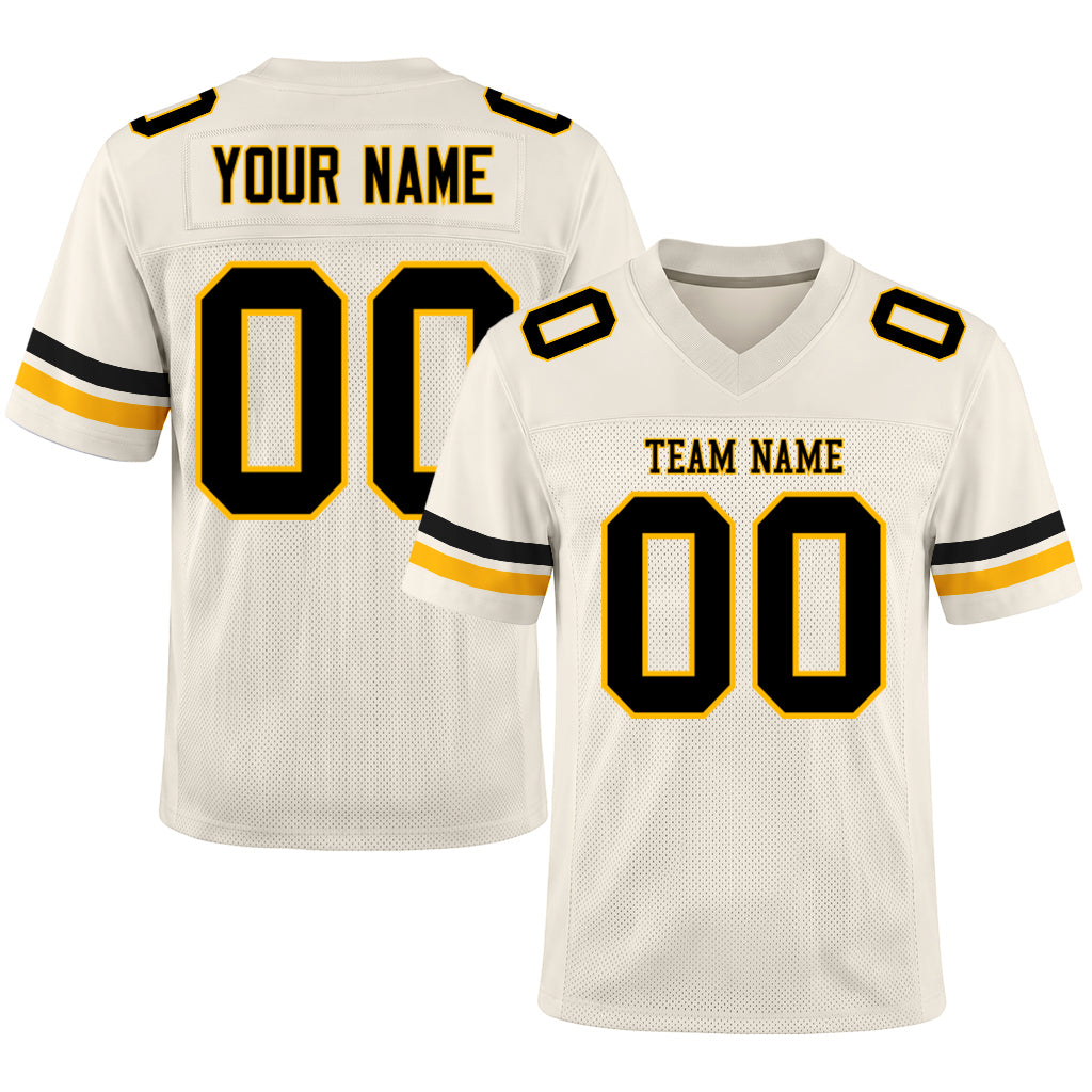 Custom Cream Black-Gold Mesh Football Jersey