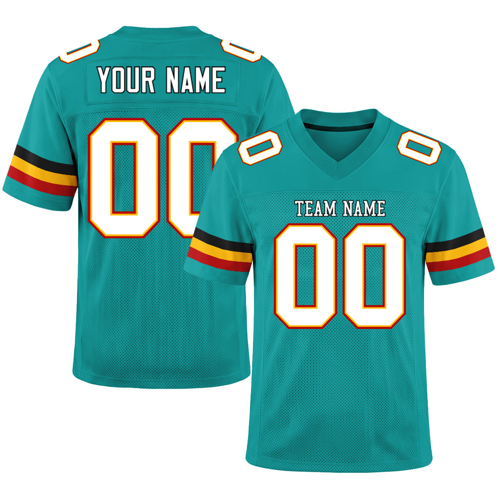 Custom Aqua White-Gold Mesh Football Jersey