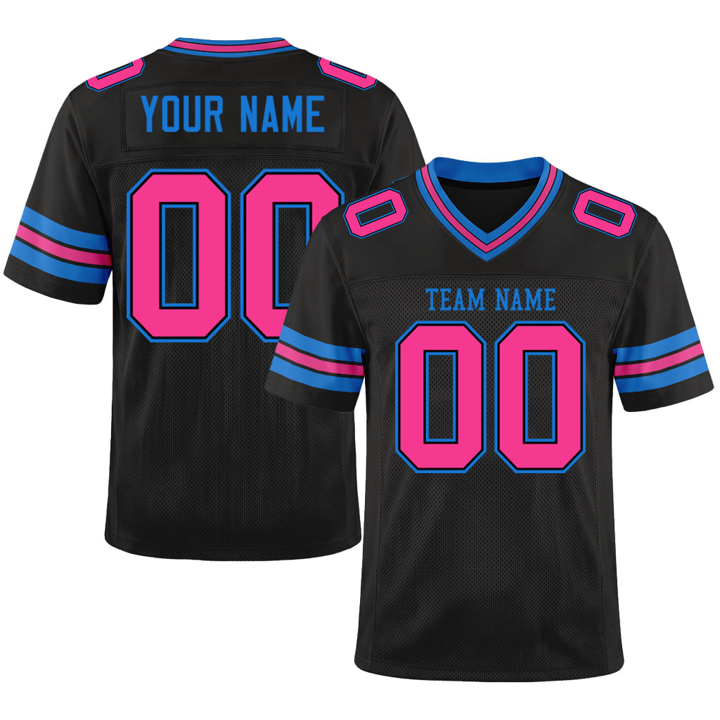 Custom Black Pink-Electric Blue Mesh Football Jersey