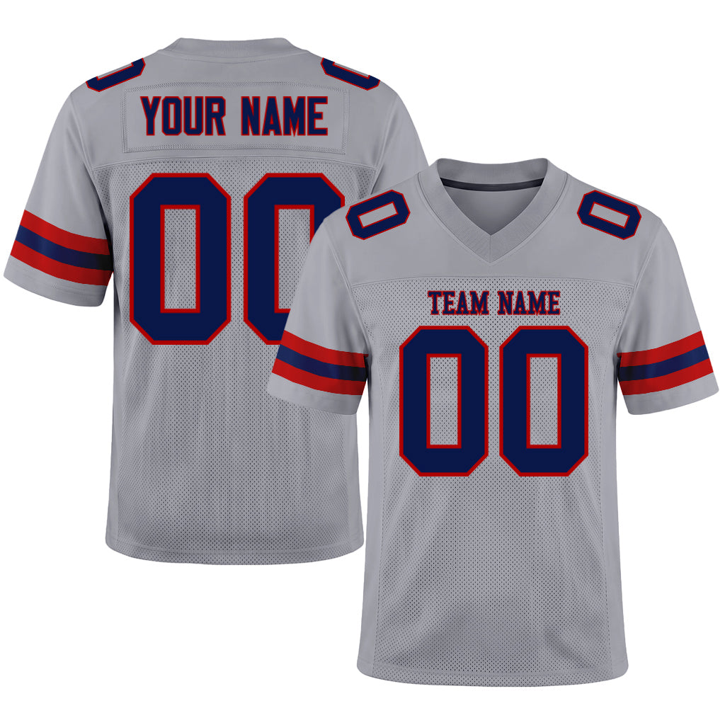 Custom Light Gray Navy-Red Mesh Football Jersey