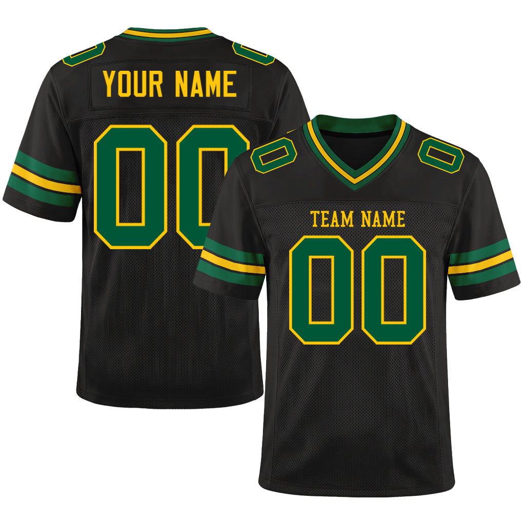Custom Black Kelly Green-Gold Mesh Football Jersey