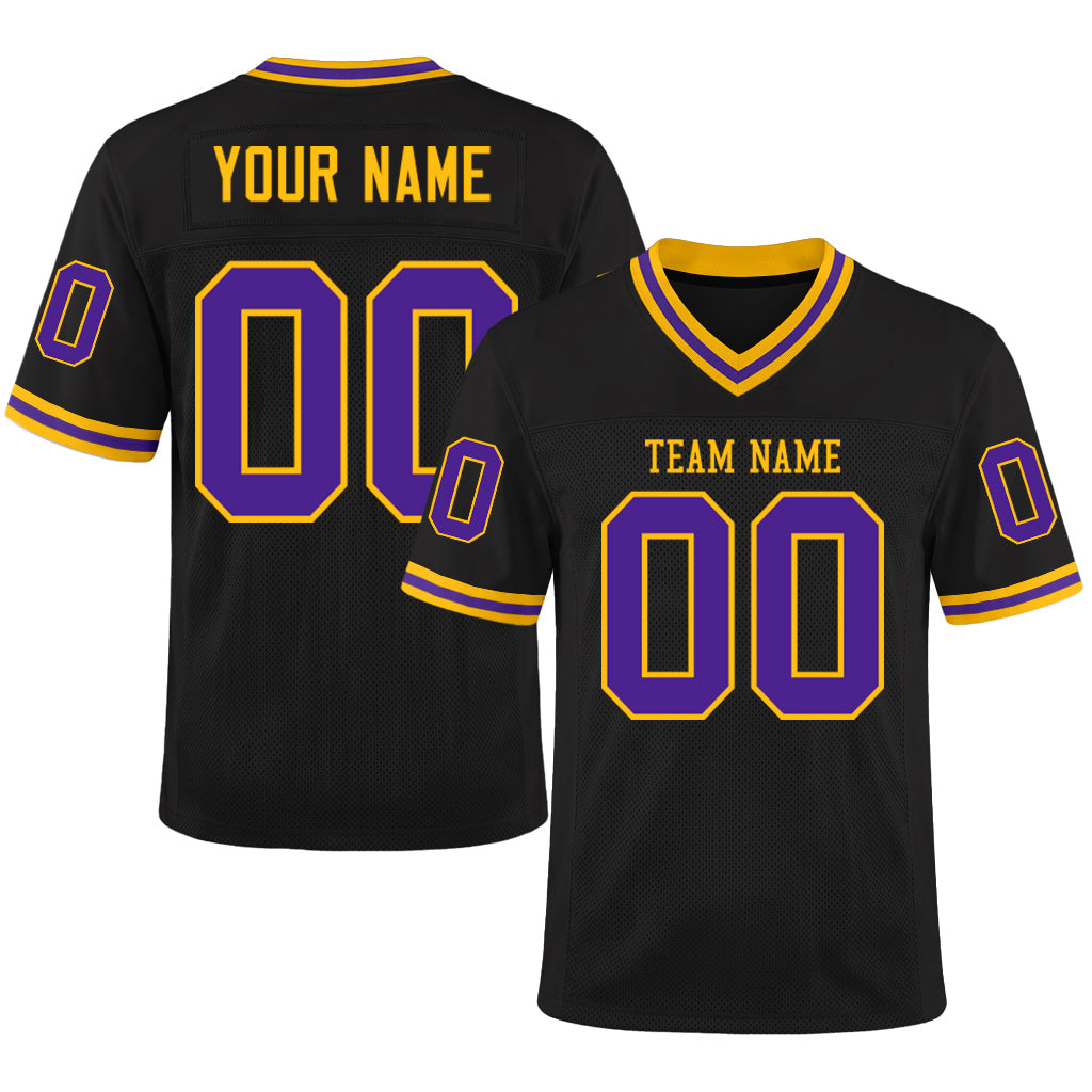 Custom Black Purple-Gold Mesh Football Jersey