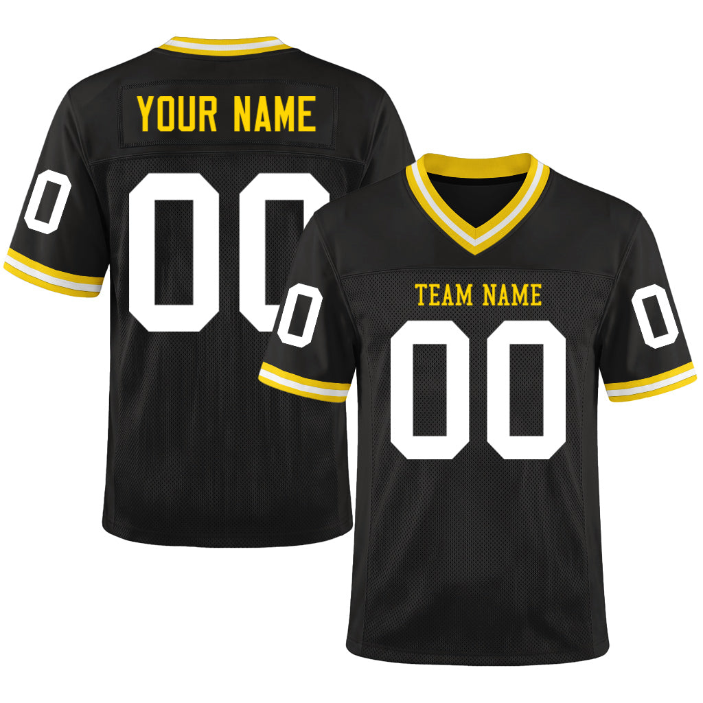 Custom Black White-Gold Mesh Throwback Mesh Football Jersey