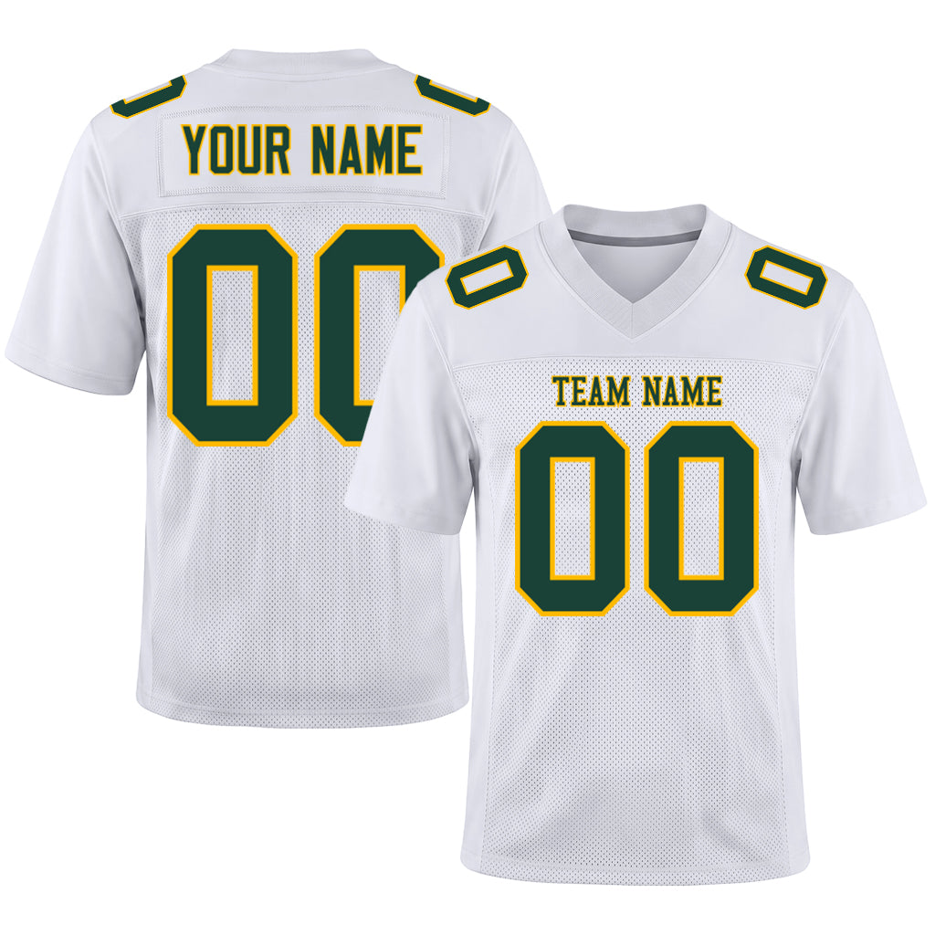 Custom White Green-Gold Mesh Football Jersey