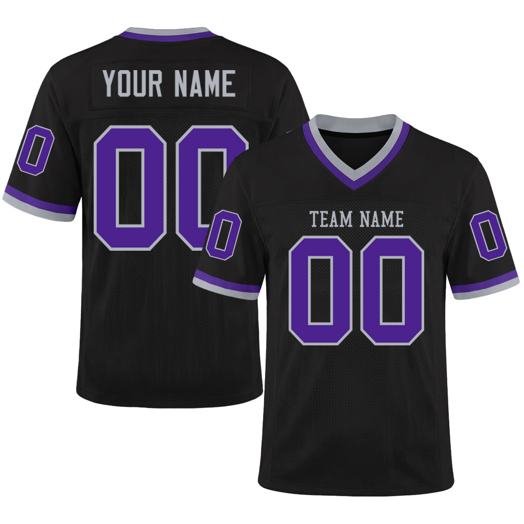 Custom Black Purple-Gray Mesh Football Jersey
