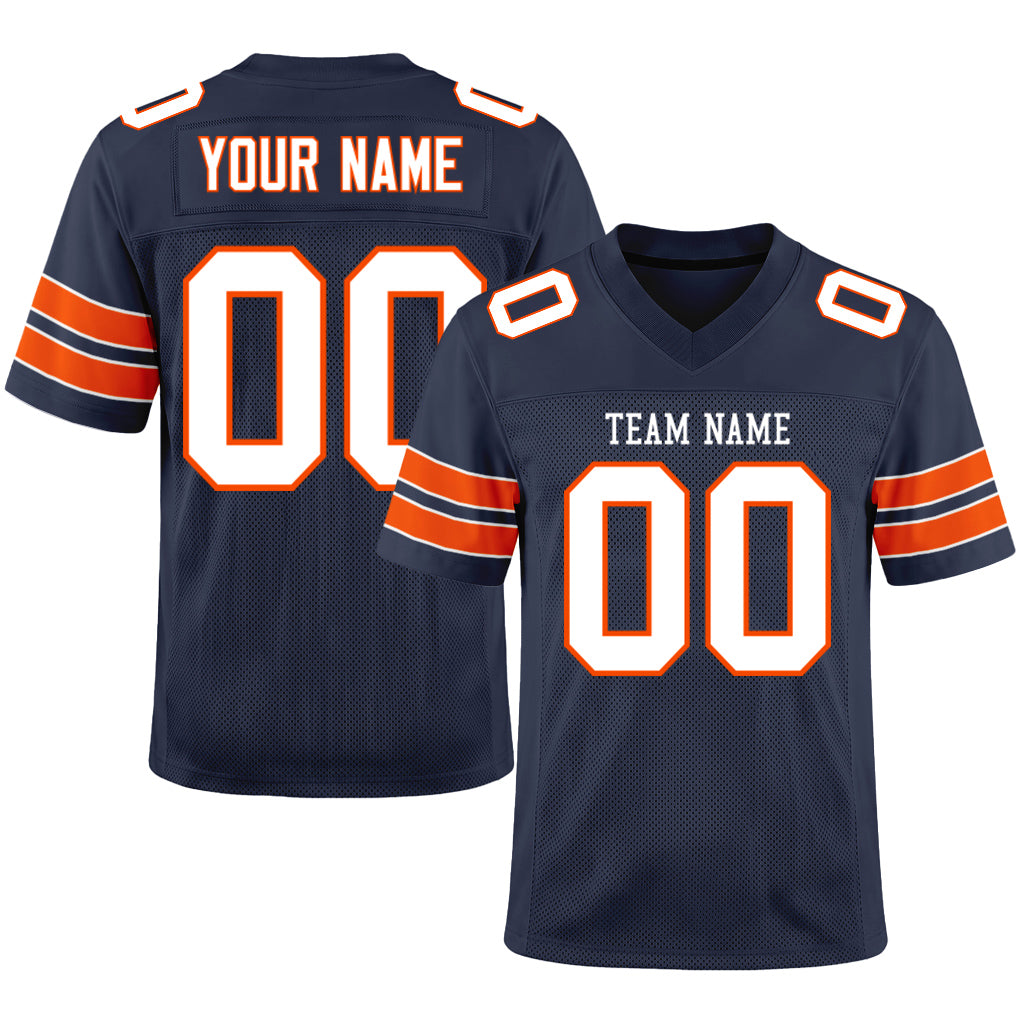 Custom Navy White-Orange Mesh Football Jersey