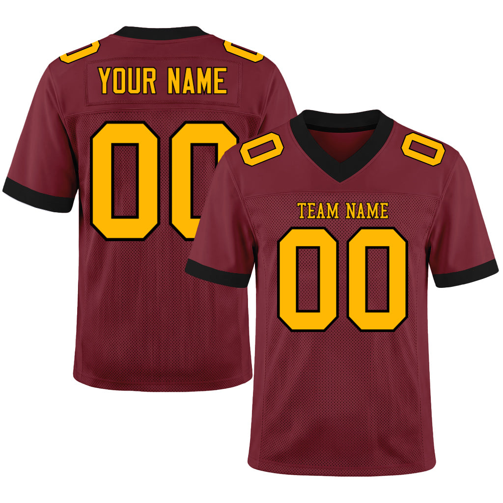 Custom Burgundy Gold-Black Mesh Football Jersey