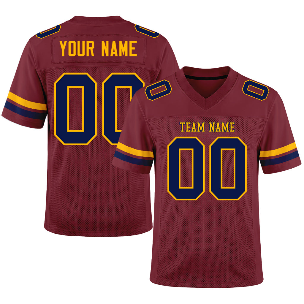 Custom Burgundy Navy-Gold Mesh Football Jersey