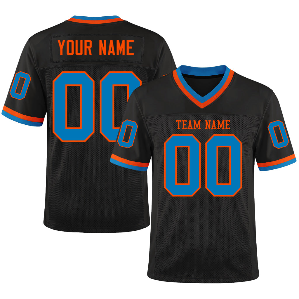 Custom Black Blue-Orange Mesh Throwback Mesh Football Jersey
