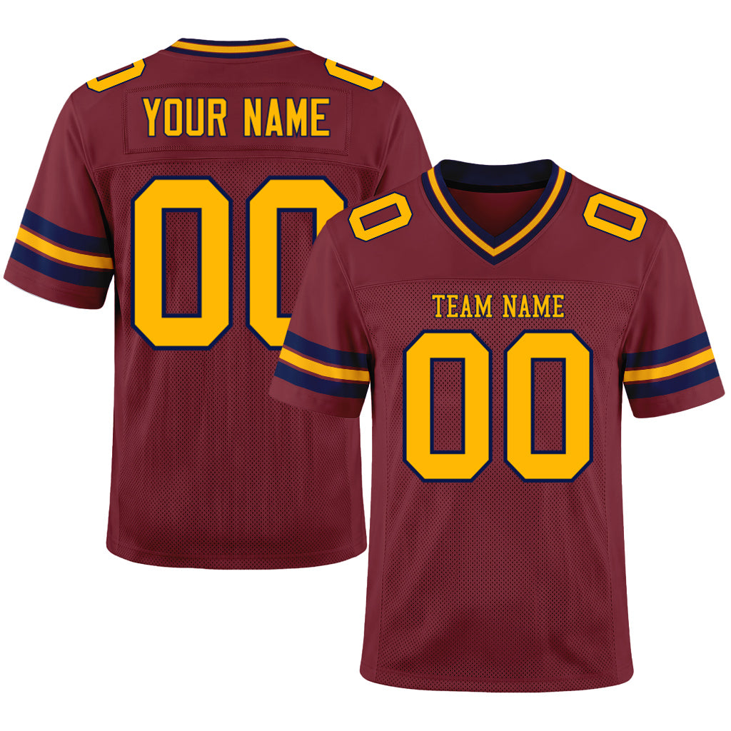 Custom Burgundy Gold-Navy Mesh Football Jersey