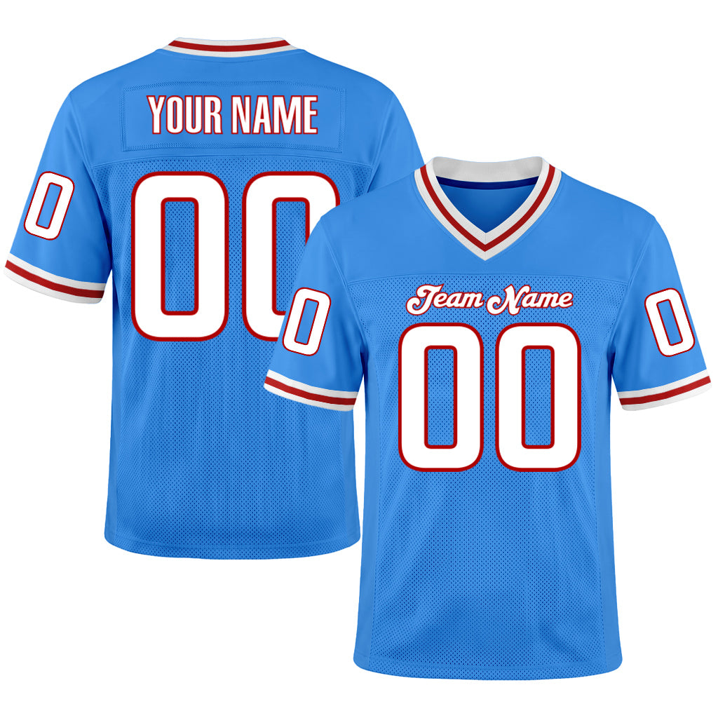 Custom Powder Blue White-Red Mesh Football Jersey