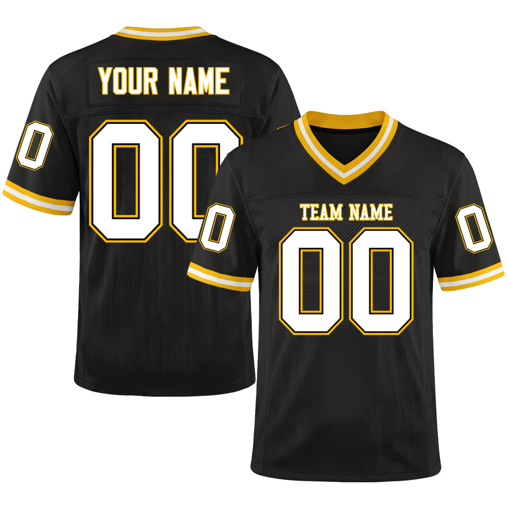 Custom Black White-Gold Mesh Throwback Mesh Football Jersey