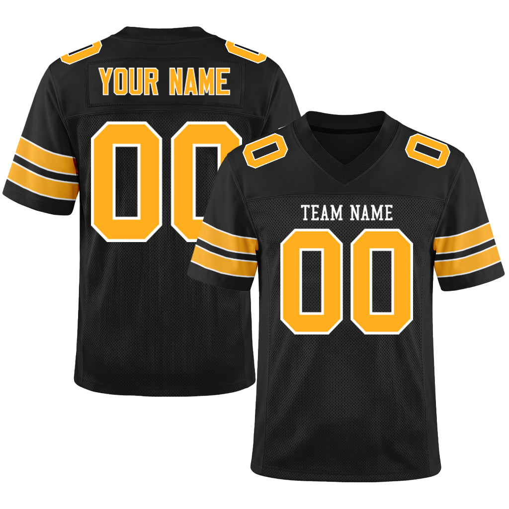 Custom Black White-Gold Mesh Football Jersey