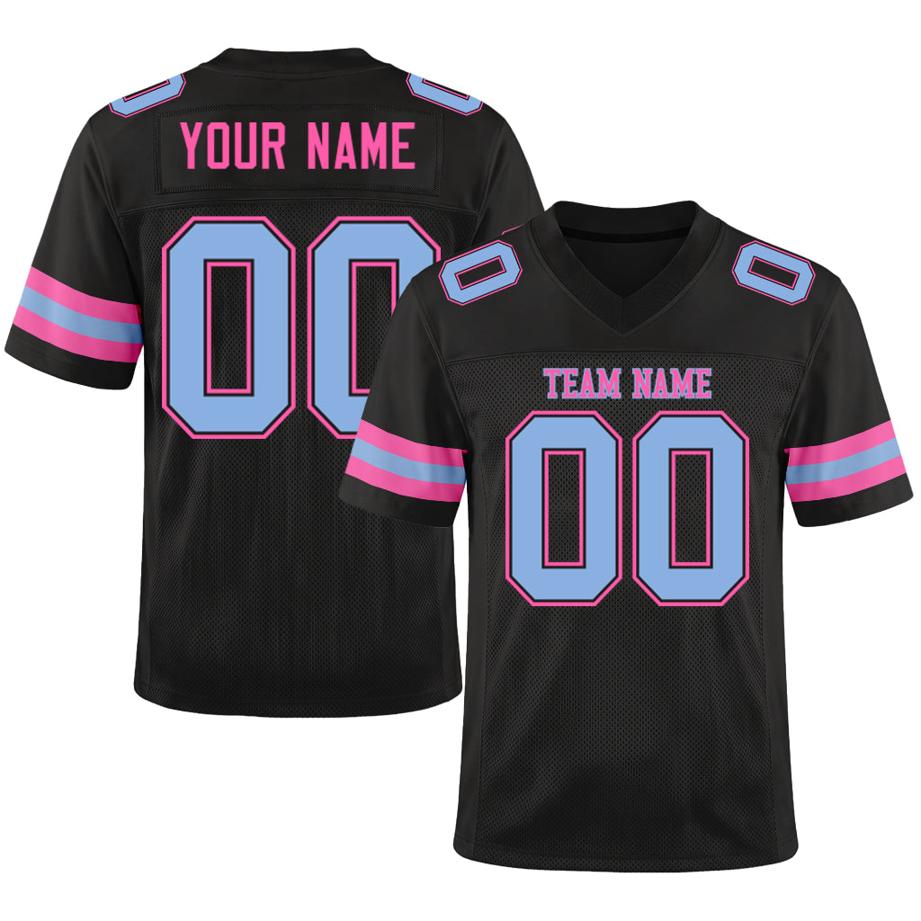 Custom Black Light Blue-Pink Mesh Football Jersey