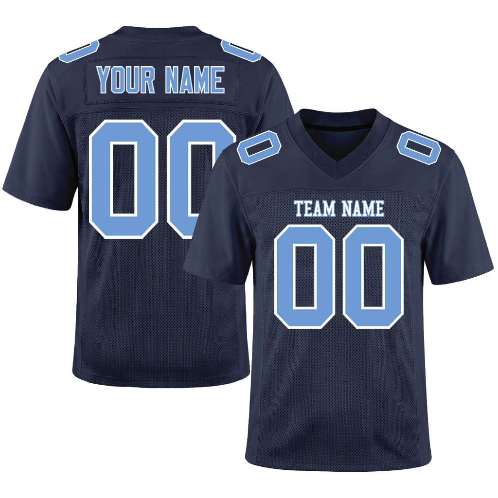 Custom Navy Light Blue-White Mesh Football Jersey