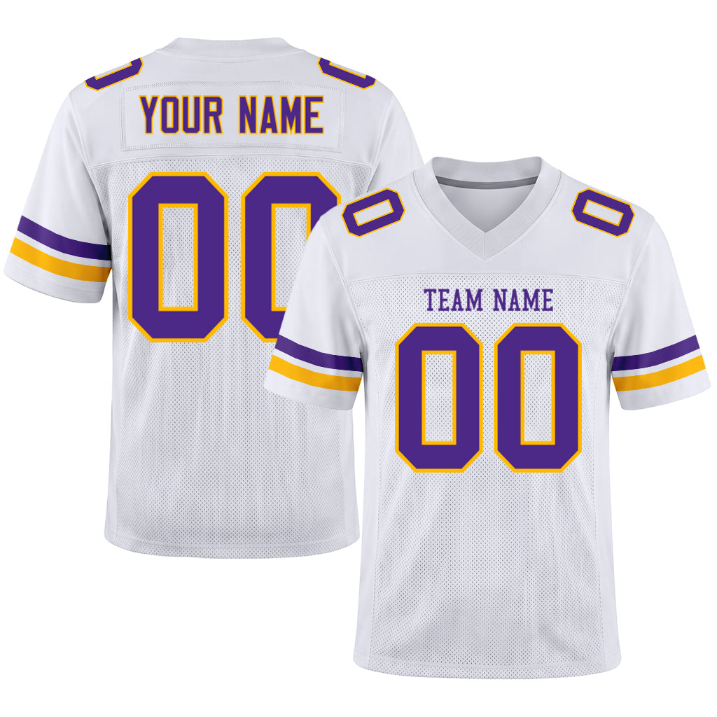 Custom White Purple-Gold Mesh Football Jersey