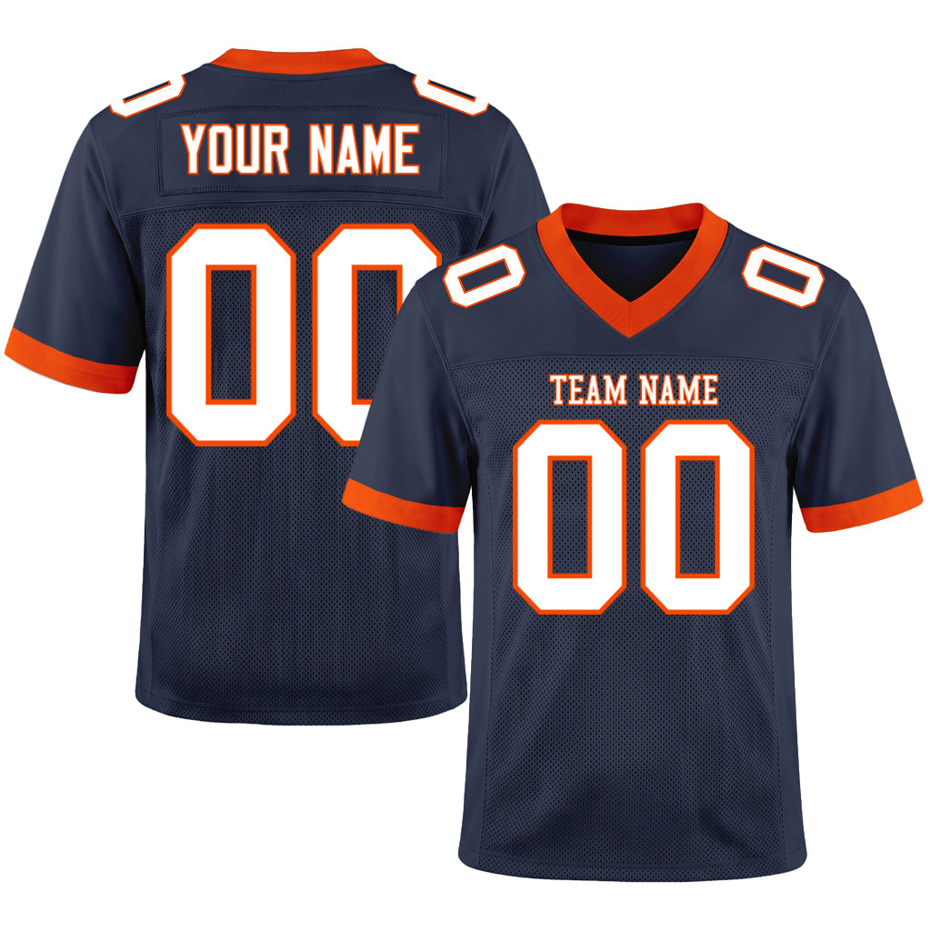 Custom Navy White-Orange Mesh Football Jersey