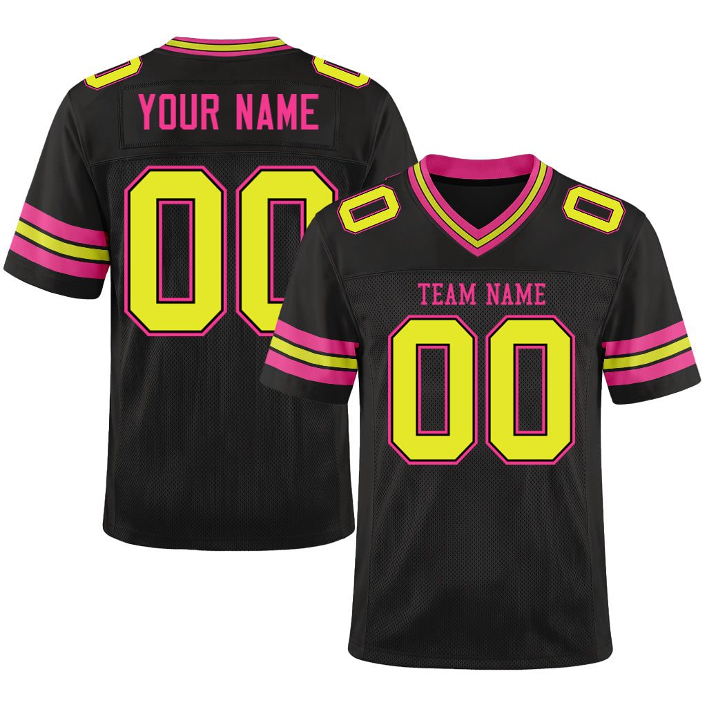 Custom Black Neon Yellow-Pink Mesh Football Jersey