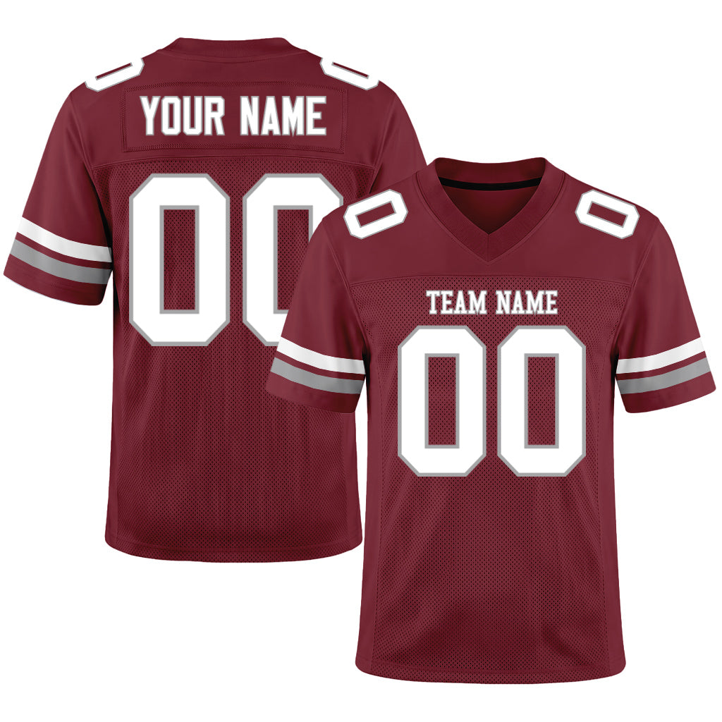 Custom Burgundy White-Gray Mesh Football Jersey