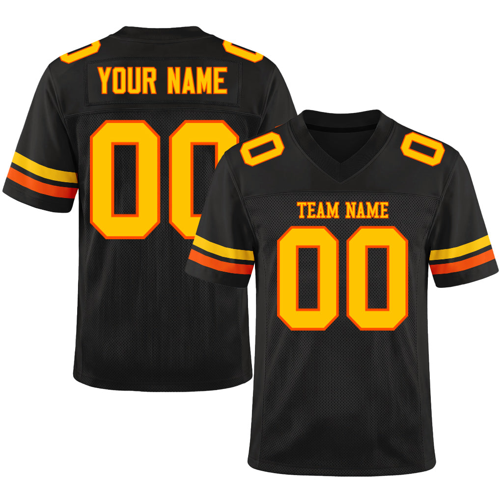 Custom Black Yellow-Orange Mesh Football Jersey