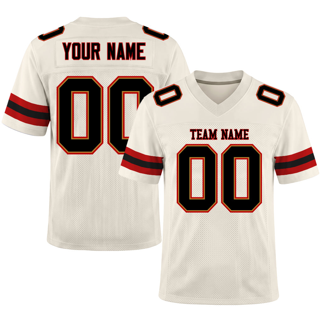 Custom Cream Black-Red Mesh Football Jersey
