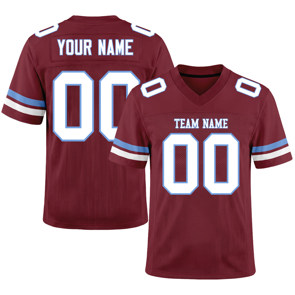 Custom Burgundy White-Light Blue Mesh Football Jersey