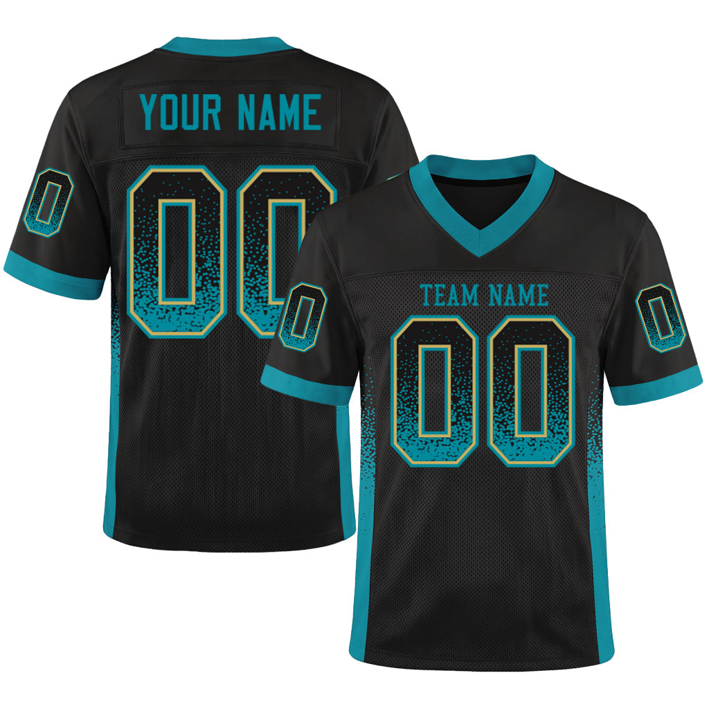 Custom Black Teal-Old Gold Drift Fashion Custom Name Mesh Football Jersey
