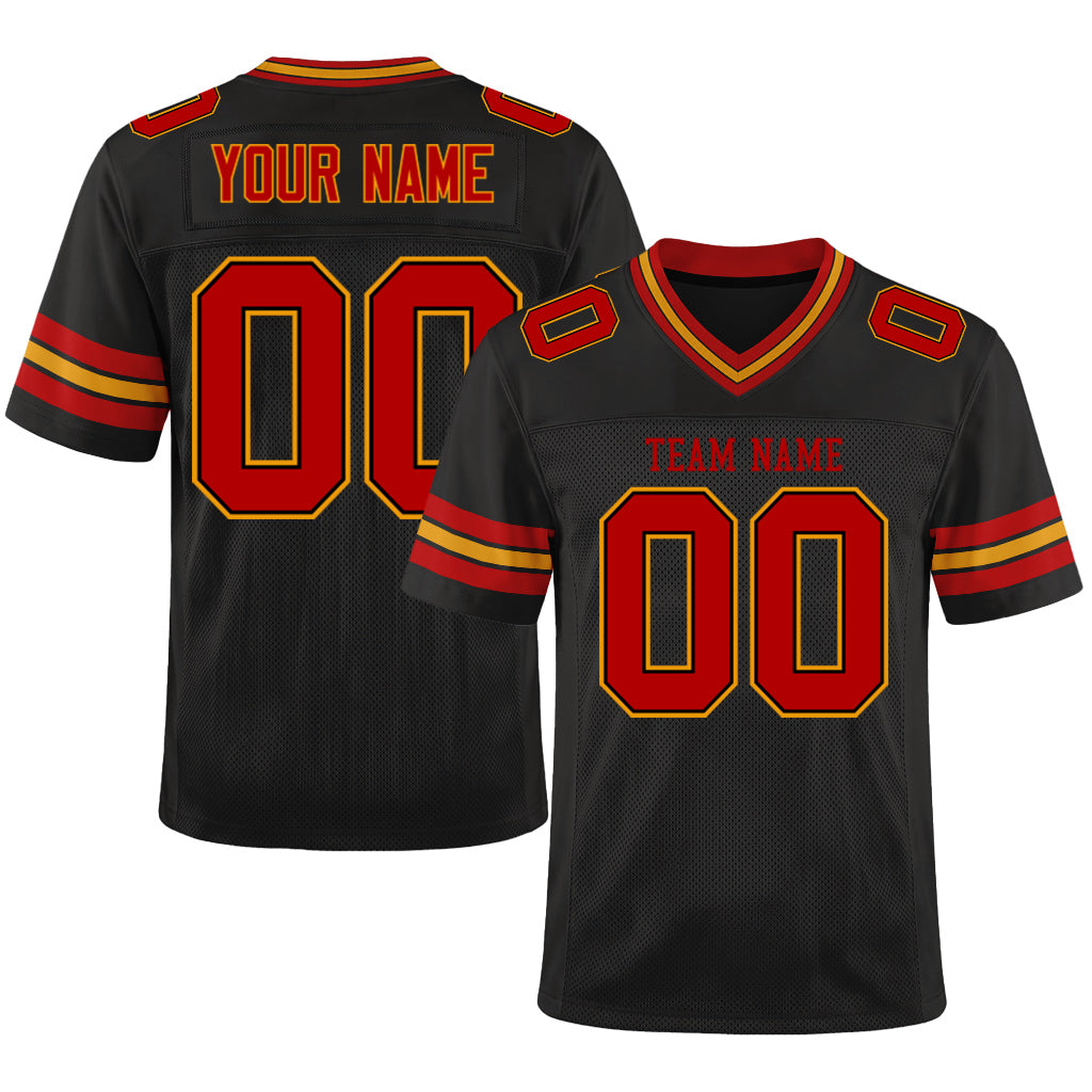 Custom Black Scarlet-Gold Custom Name Mesh Football Jersey