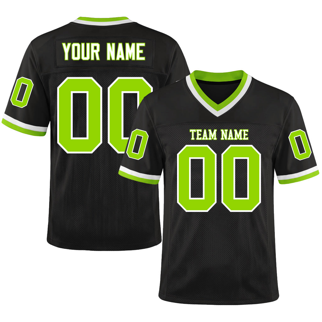 Custom Black Neon Green-White Mesh Throwback Mesh Football Jersey