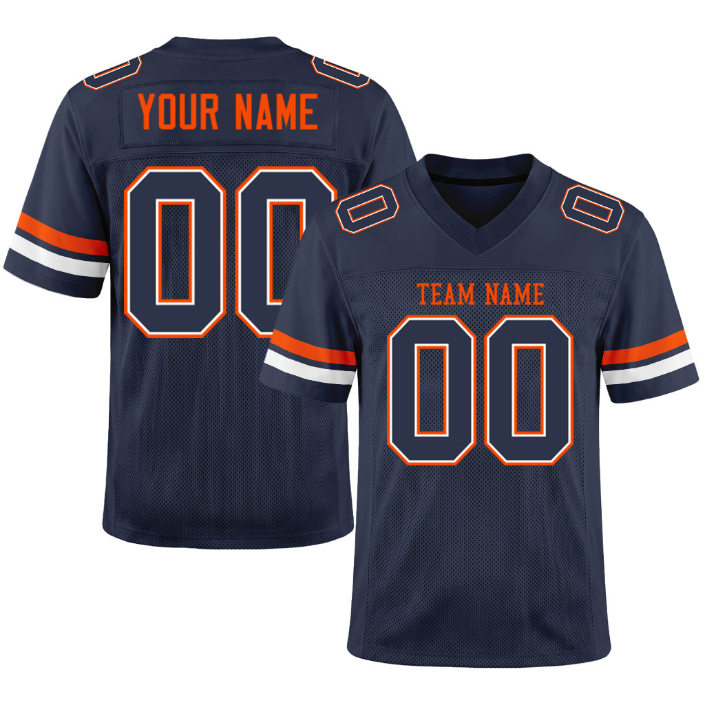Custom Navy White-Orange Mesh Football Jersey