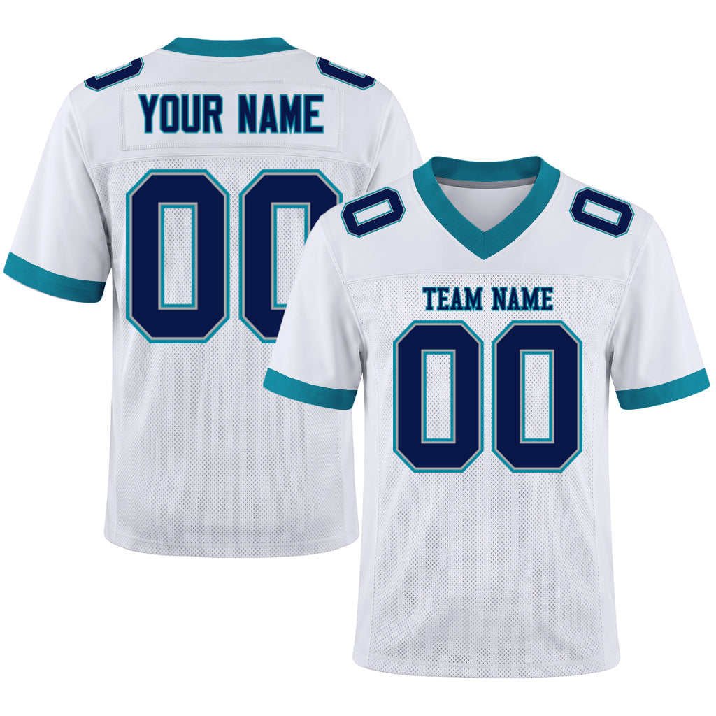 Custom White Navy Gray-Teal Mesh Football Jersey